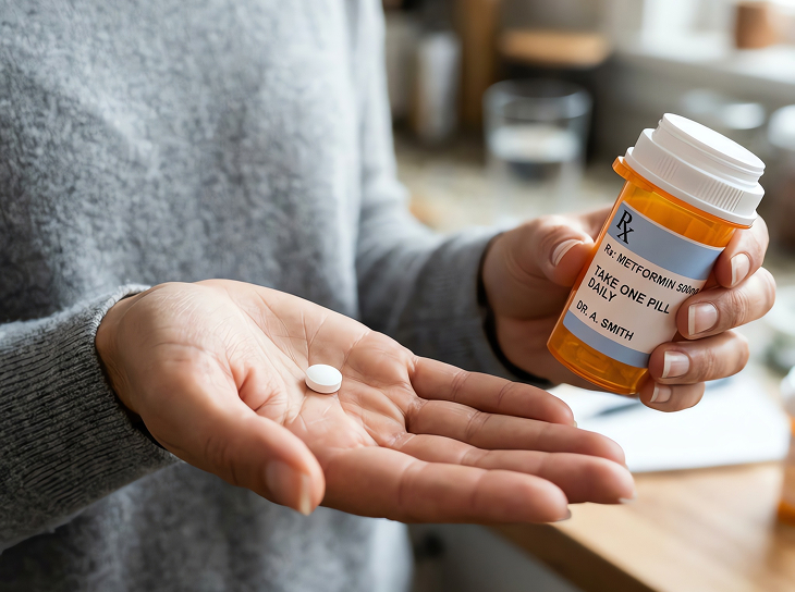 Hand holding a pill and a prescription pill bottle